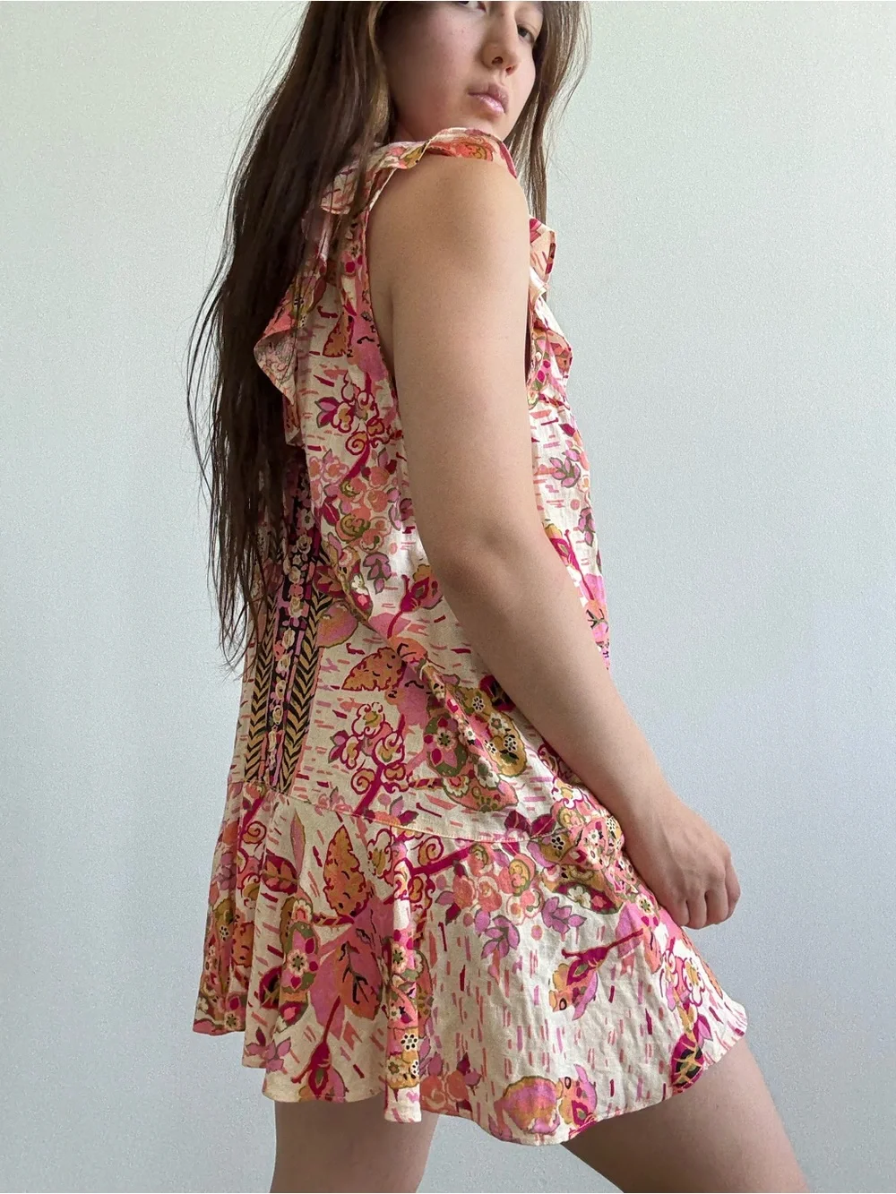 Free People Pink Floral Ruffle Mini Dress